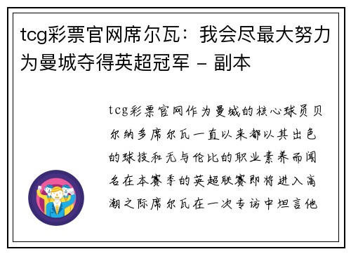 tcg彩票官网席尔瓦：我会尽最大努力为曼城夺得英超冠军 - 副本