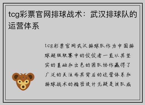 tcg彩票官网排球战术：武汉排球队的运营体系